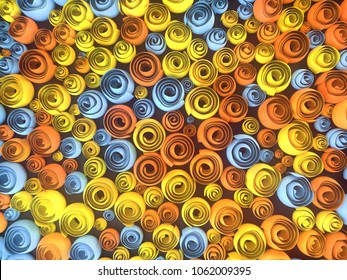 Abstract Illustration of paper-crafted, quilling flowers with different shades of spring colors, symbolizing love, courtship, marriage or Valentine's day. 3d rendering