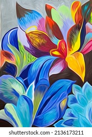 Abstract illustration of plant. Oil painting effect abstract illustration of leaves, flowers and plant in blue tones.