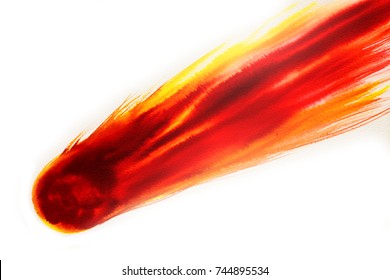 Abstract Illustration Of  A Red Comet Isolated On White Background. Handmade Watercolor.