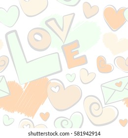 Abstract illustration. Seamless pattern Valentine background with hearts and love happy holiday in gray and beige colors. Hand drawing love motive on a white backdrop.