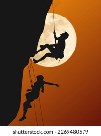 abstract illustration silhouette gradient background and the theme rock climbing people and twilight mood