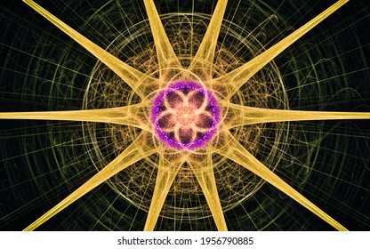 Abstract Illustration Symbol Star Set Of Yellow Rays Flower Inside From Behind Circles Black Background Use Computer Graphics Design