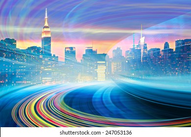 Abstract Illustration Of An Urban Highway Going To The Modern City Downtown, Speed Motion With Colorful Light Trails. Image Of New York City Skyline Is From My Collection.