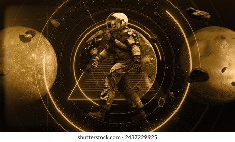 An abstract illustrative background featuring a skeleton Astronaut character with graphical details including planets and meteors meteors.