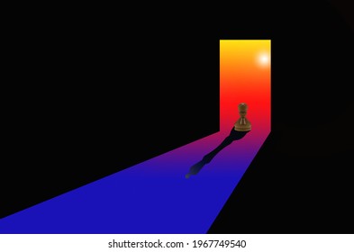 Abstract image chess pawn depicting queen in tunnel against background abstract sun as symbol career growth light at end tunnel
