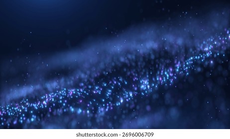  abstract image of a dynamic wave composed of glowing blue and purple particles in a dark space. ideal for technology and futuristic themes.