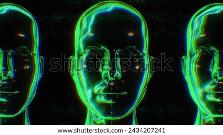 An abstract image featuring reflective heads with reflective neon lines.