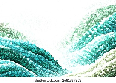 An abstract image featuring textured waves in shades of green and blue, set against a clean white background, suggesting organic movement and vibrant energy.