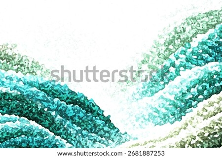 An abstract image featuring textured waves in shades of green and blue, set against a clean white background, suggesting organic movement and vibrant energy.