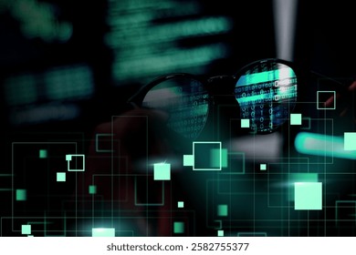 Abstract image of glasses reflecting computer code, with digital squares overlay. Technology, code, and digital theme in a futuristic style. Hacker or software developer working on system.