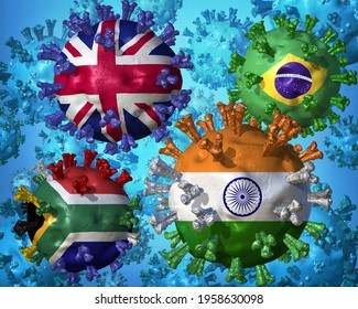 Abstract Image Of The Highly Contagious SARS-CoV-2 Variants From UK, Brazil, South Africa And India, Which May Be Less Affected By COVID-19 Vaccines. 3D Illustration