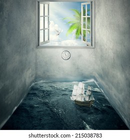 Abstract image idea inside someones mind surrounded by limitations daily routine cement walls, no escape chance for bright future only dreams of tropical paradise. Boat drifts in ocean without course 