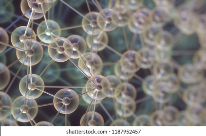 Abstract Image Of Interconnected Spheres In Science Concept. Molecular Biology, Scientific Structure Cellular. 3D Illustration.