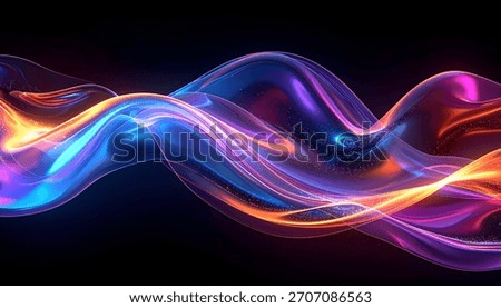 An abstract image shows flowing translucent curves with blue, orange, and purple light on a dark background.