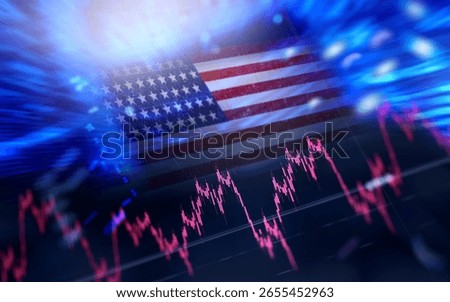 Abstract image of the US flag blended with red stock market candlestick chart, symbolizing American Financial economic trends, market volatility, recession fears, or financial forecast.