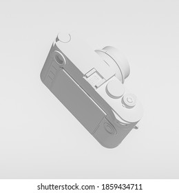 Abstract Image of White Painted Camera, Falling, Floating, Suspended, Isolated Against White. 3d Rendering.