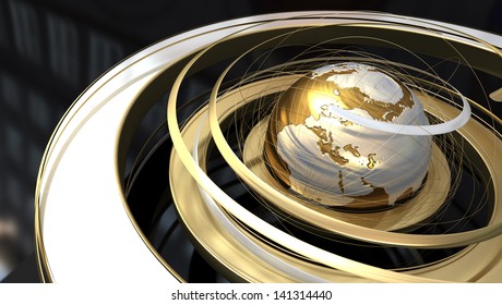 Abstract Image Of A World Globe With Spiral Orbit In Golden Texture