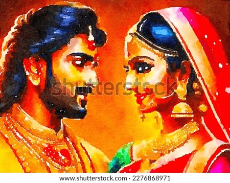 ABSTRACT IMAGINATION PORTRAIT DIGITAL WATERCOLOR ILLUSTRATION DRAWING RETRO ART DESIGN. COUPLE MAN WOMAN SNUGGLE HUG IN VINTAGE TRADITIONAL INDIAN DRESS. COLORFUL OIL BRUSH PAINTING.