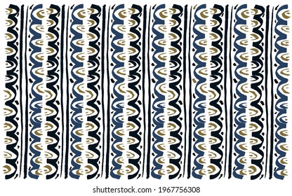 Abstract Indigenous Ethnic Vintage Pattern Art Print. Crafty Linocut Silk Screen Poster. Repetitive Organic Hand Drawn Calligraphic Ink Navy Blue Ochre Gold Waves Bordure Motif. Low-fi Tribal Retro.