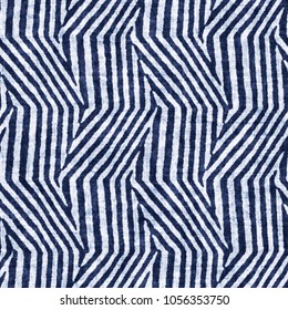 Abstract Indigo-Dyed Effect Broken Geometric Checked Textured Background. Seamless Pattern.