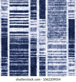 Abstract Indigo-Dyed Effect Stripe And Block Geometric Textured Background. Seamless Pattern. 