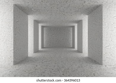 Abstract industrial architecture interior: empty concrete hall with dirty spotted concrete floor and ceiling and with concrete columns, 3d illustration