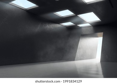 Abstract Industrial Design Tunnel In Dark Shades Concrete Building With Squared Windows On Top And Blank Wall. 3D Rendering, Mock Up