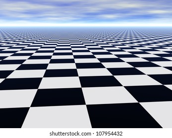 Abstract Infinite Chess Floor And Cloudy Blue Sky