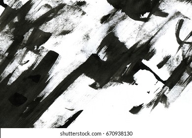 Abstract ink background. Marble style. Black paint stroke texture on white paper. Wallpaper for web and game design. Grunge mud art. Macro image of pen juice. Dark Smear.