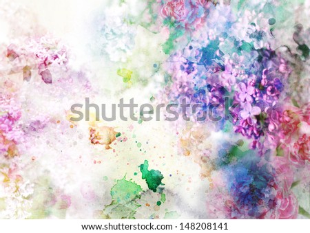 Abstract ink painting combined with flowers on grunge paper texture 