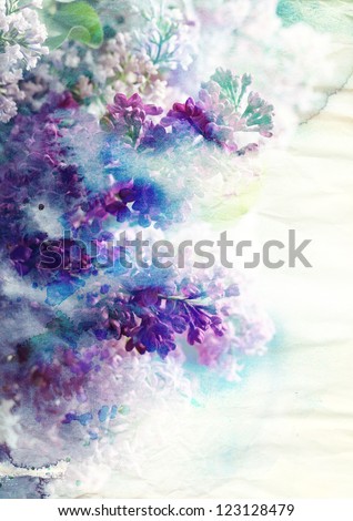 Abstract ink painting combined with Lilac flowers on paper texture