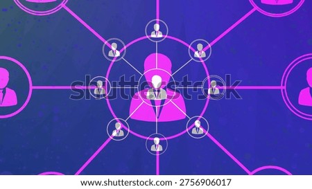 Abstract of interconnected human figures in a network of glowing purple lines on dark blue background