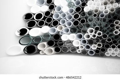 Abstract interior array of pipes made of different materials. Architectural background. 3D illustration and rendering