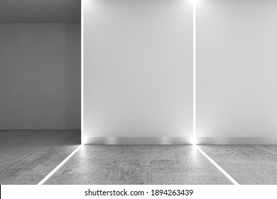Abstract Interior Background With Polished Concrete Floor, Corner Of White Matte Wall And LED Stripes Illumination, 3d Rendering Illustration