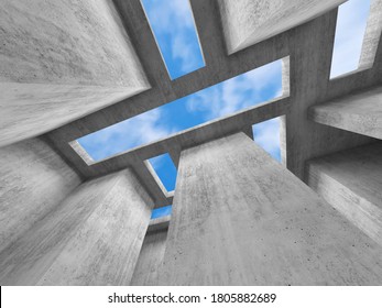 Abstract interior background, wide angle view with concrete walls and rectangular skylights, 3d rendering illustration