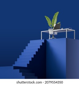Abstract Interior With Blue Podium And Stairway To White Office Desk On Top. Workplace, Symbolizing Concept Of Job Search Start, Development For Office Work, Stable Position. No People. 3d Rendering
