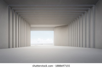 Abstract Interior Design 3D Rendering Of Modern Showroom. Empty Floor And Concrete Wall With Blue Sky Background.