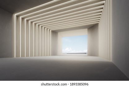 Abstract Interior Design 3D Rendering Of Modern Showroom. Empty Floor And Concrete Wall With Wall Light And Blue Sky Background.