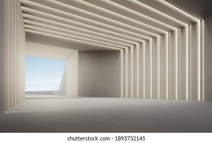 Abstract interior design 3D rendering of modern showroom. Empty floor for car park and concrete wall with wall light and blue sky background.