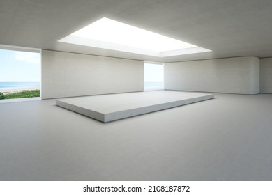 Abstract Interior Design 3D Rendering Of Modern Showroom. Empty Floor And White Podium With Concrete Wall Background.