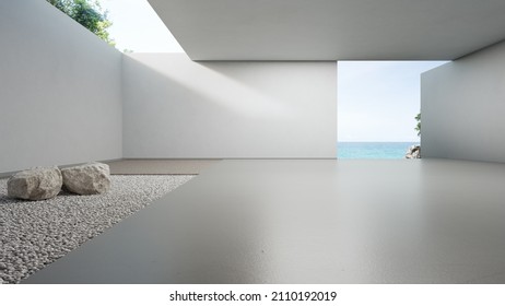 Abstract Interior Design 3D Rendering Of Modern Sea View Showroom. Empty Floor And White Gravel With Concrete Wall Background.