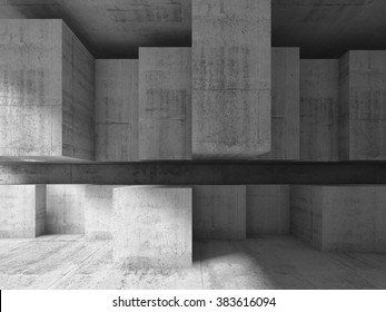 Abstract interior design with concrete cubic installation. Modern architecture background, 3d illustration