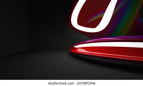 Abstract interior of the future in a minimalist style with violet sculpture. Night view . Architectural background. 3D illustration and rendering