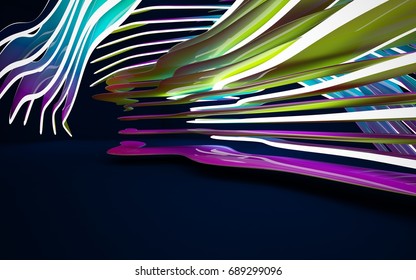 Abstract interior of the future in a minimalist style with gradient colored  sculpture. Night view . Architectural background. 3D illustration and rendering