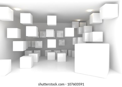 Abstract interior rendering with empty room color box display.