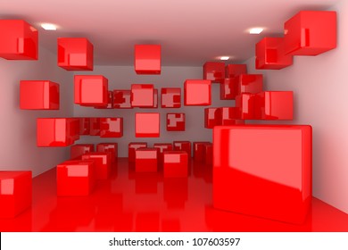 Abstract interior rendering with empty room color box display.