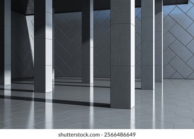 Abstract interior with tall columns, tiled floor, geometric wall patterns, and natural light reflections in a modern gray concept space. 3D Rendering.
