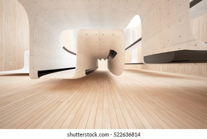 Abstract Interior Of Wood, Concrete Sculpture With Black Glass. 3D Illustration And Rendering 