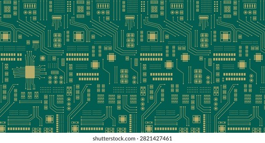 Abstract intricate circuit board pattern featuring golden conductive pathways, integrated circuits, capacitors, and resistors on a deep green background. Detailed electronics illustration representing modern hardware, technology, and digital infrastructure.