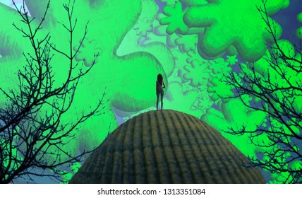 Abstract irregular shape. 2d illustration. Abstract dreamlike motivational image. Illustration of person being in a dream in imaginary world.